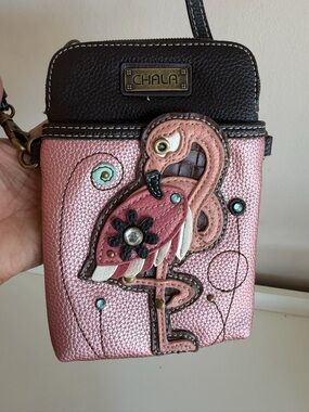 Chala Flamingo Cell Phone Crossbody Bag Metallic Pink Brown Faux Leather Purse